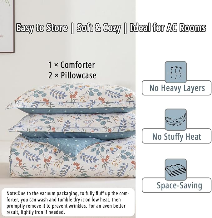 LEMIROE Botanical Cotton Comforter King Size - Lake Green Comforter with Dusky Blue & Warm Rust Leaves on Ivory,Reversible Lightweight Bedding Sets 3Pcs(Polka Dot)