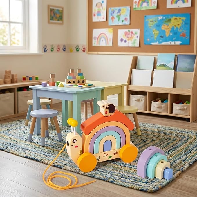 Wooden Push and Pull Snail Toy with Removable Colorful Stacker, Wood Snail Rainbow Stacker with Wheel - Ideal for Grasping Practice and Developing Hand - Eye Coordination Motor Skills