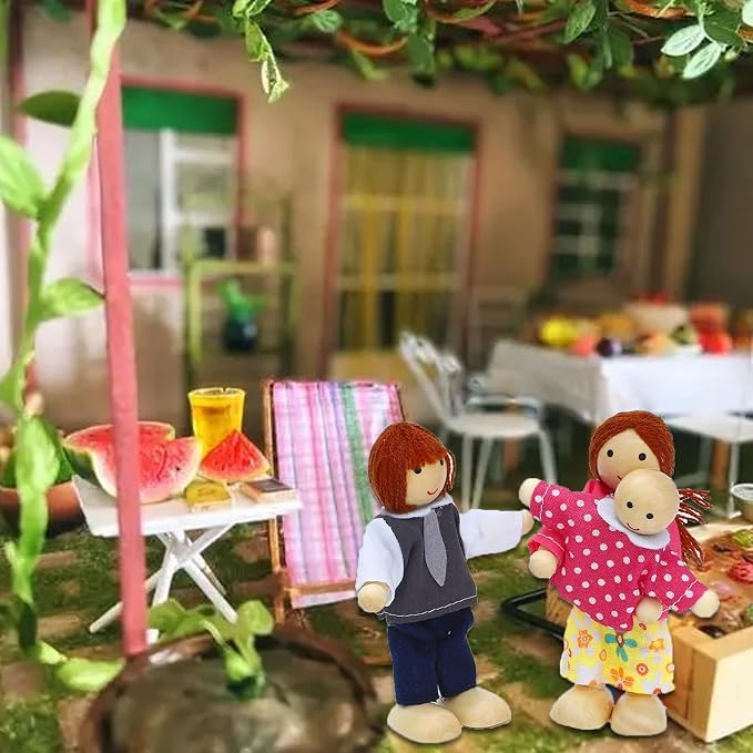 ONEST 18 Pieces Wooden Dollhouse Family Set Mini People Figures Dog Cat Sets Dollhouses Dolls Wooden Doll Family Pretend Play Figures Accessories for Pretend Dollhouse Toy