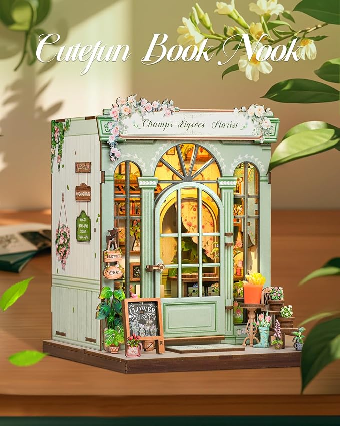 Cutefun Book Nook Kit - DIY Miniature Dollhouse Kit for Adults and Teens, French Flower Shop Mini House Building Kit with LED, 3D Wooden Puzzle for Beginner Creative Gifts (Champs-Élysées Florist)