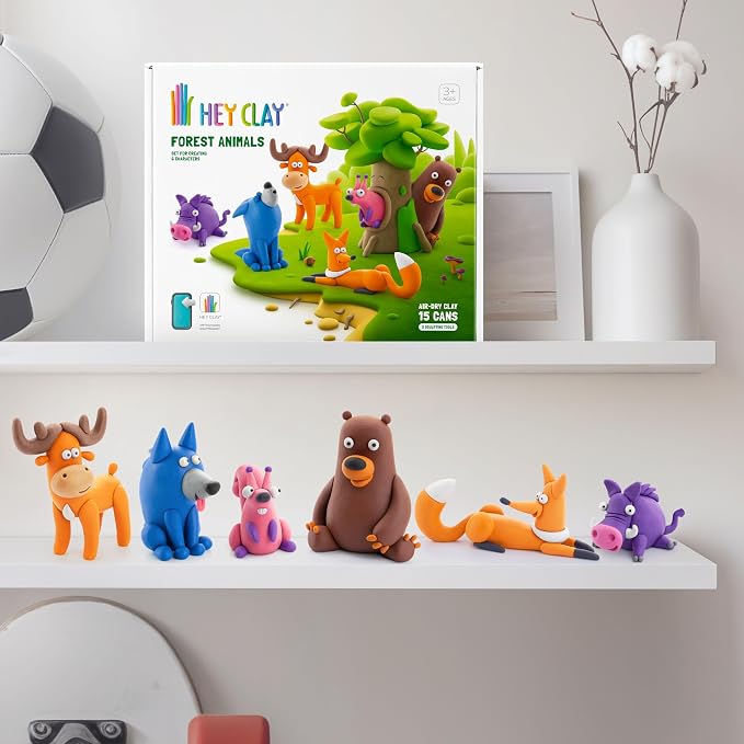 HEY CLAY Set - Colourful Modeling Air Dry Clay Kit for Kids 15 cans and Sculpting Tools with Fun Interactive Instructions App - Children 3+ (Forest Animals)