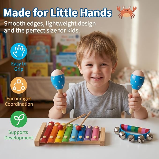 Wooden Musical Instruments Set for Toddlers 1-3, Natural Wood Percussion Instruments Xylophone Gift Set for Girls Boys Kids ,Preschool Educational Musical Toys with Storage Bag