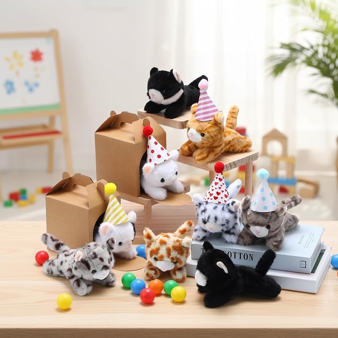 10 Set Kittens Stuffed Animals Bulk with 10 Birthday Hats 10 Kraft Paper Boxes Mini Plush Toys Small Stuffed Cat Pet Gifts for Kids, School Birthday Animal Decor(Prone Style)