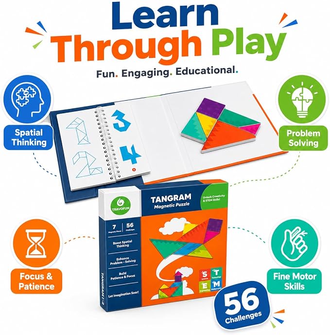 Travel Games Tangrams, Magnetic Travel Games for Road Trips Kids Board Game Educational Toys Kids Game for 3+