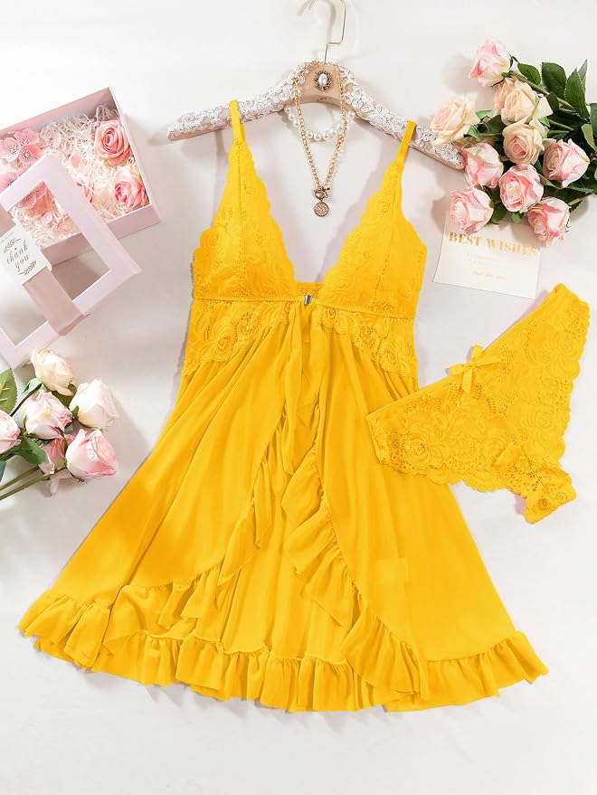 Foxiny Sexy Open Front V Neck Ruffle Sheer Mesh Lace Wireless Babydoll Lingerie Dress with Thong 2 Piece