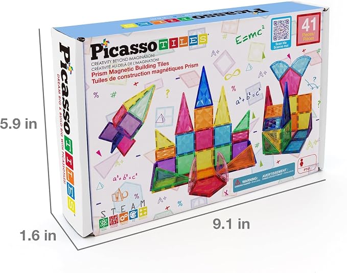 PicassoTiles Magnetic Tiles Building Block Construction Toy Set Prism Magnet Tile Blocks STEM STEAM Learning Kit Early Education Builder Playset Toys for Children Toddler Boy Girl Age 3+ PT41