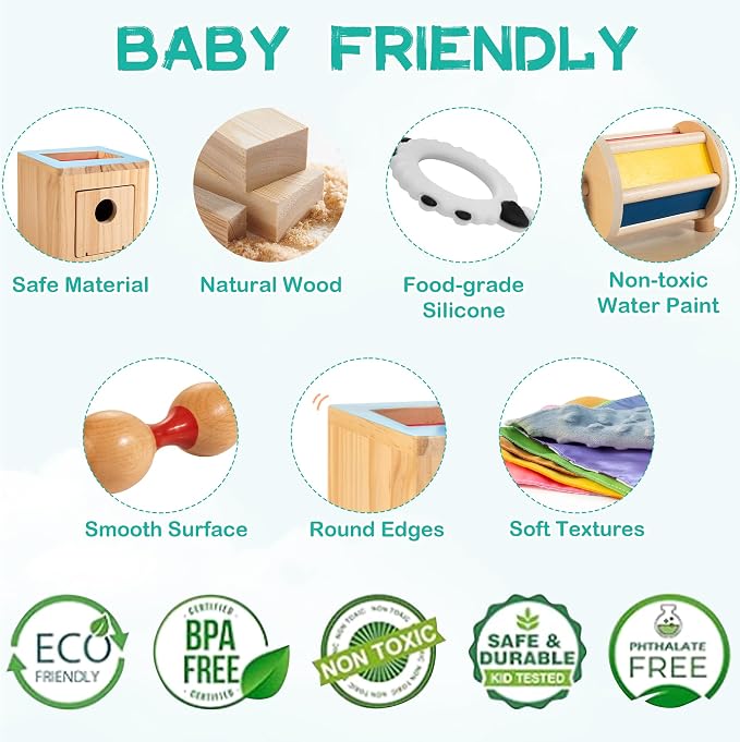 WOODMAM Montessori Toys for Babies 0-6 Months, 9 in 1 Learning Educational Baby Gifts for Newborn 0-3-6 Months, Includes High Contrast Cards, Baby Tissue Box Toy, Spinning Drum, Teether and More