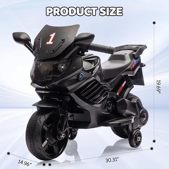 Kids 6V Ride On Motorcycle, Battery Powered Ride On Toys w/Treaded Tires, Working Headlight, Horn, Music, Training Wheels, Stable Electric Toddler Motorcycle for Kids, Gift for Boys Girls, Black