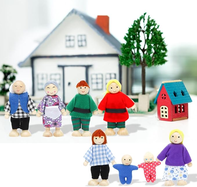 ONEST 8 Pieces Wooden Dollhouse Family Set Mini People Figures Sets Dollhouse Dolls Wooden Doll Family Pretend Play Figures Accessories for Pretend Dollhouse