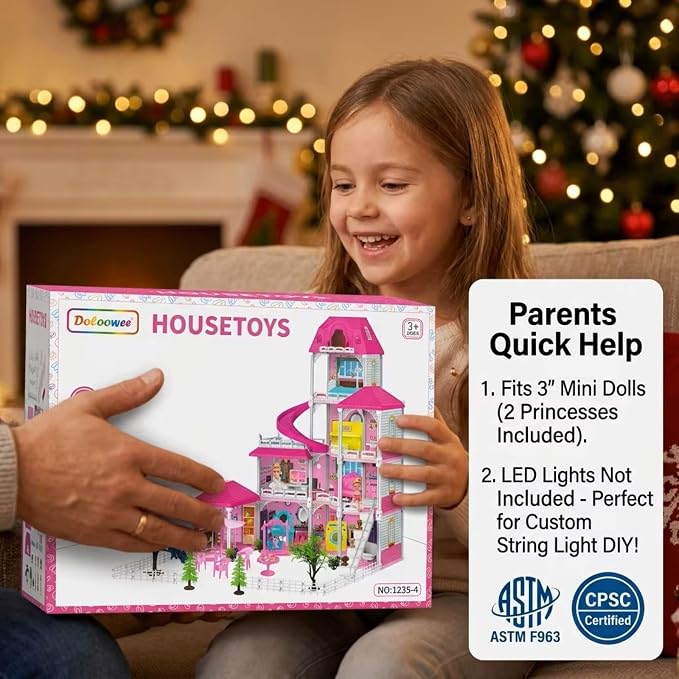 Doloowee 4-Story Dollhouse with Slide & 2 Dolls, 10-Room Toy Playhouse | Ideal screen-free play for girls ages 3-8; perfect for birthday parties, Christmas, and princess bedroom activities.