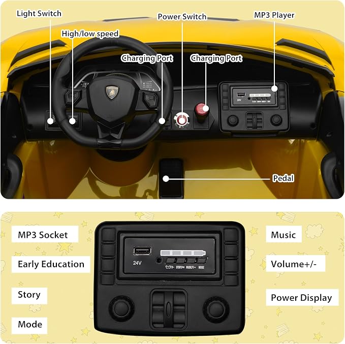 2-Seater Ride on Car 24V Electric Lamborghini for Kids High Speed 13km/h Drift Sports Car with PU Leather Seats w/Adjustable Safety Belt, 2 Speeds Mode, Music, Gifts for Children
