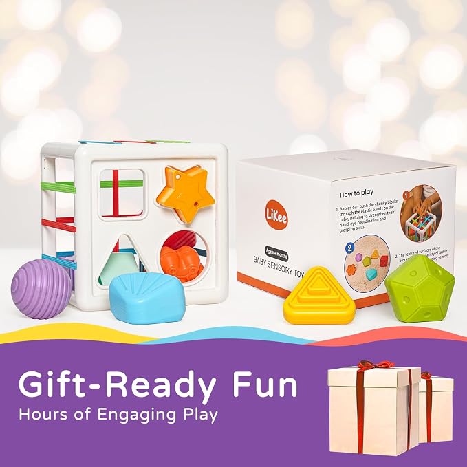 LiKee Montessori Toys for 1 Year Old Multi Sensory Shapes, Toddler Developmental Learning Birthday Gifts, Baby Toys 12+ Months (Shape Sorter Cube)