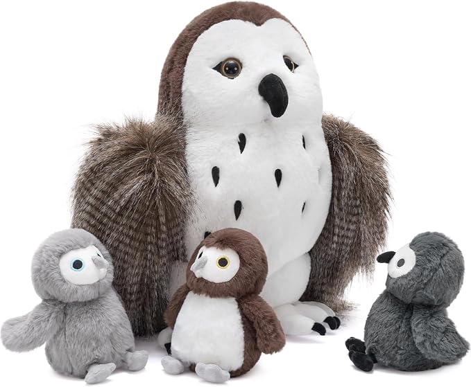 4Pcs Owl Plush Set, 18 Inch Mother Stuffed Animal with 3 Baby Owls Inside, Soft Brown Plushie Gift for Kids, Girls and Boys, Christmas Birthday Baby Shower, Brown