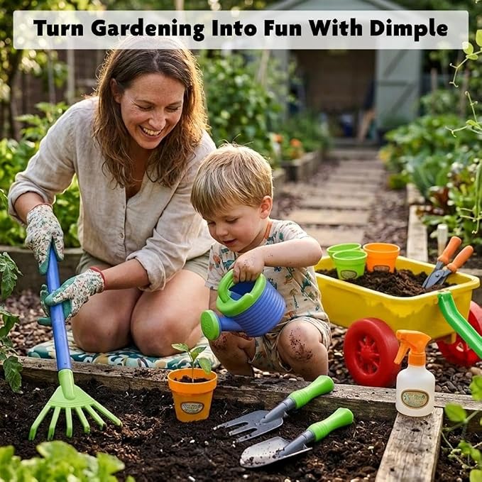 Dimple Kids Garden Wagon and Tool Set 15 Piece Toddler Gardening Playset with Plastic Garden Tools and Wagon Outdoor Play Toys for Yard Beach Sandbox Kids Gardening Kit for Boys and Girls Pretend Play