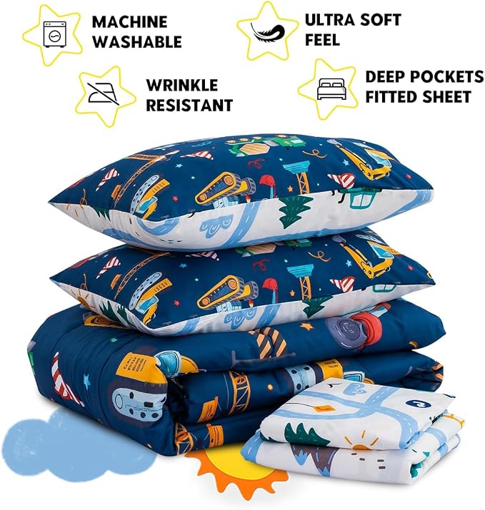Holawakaka Trucks Tractors Cars Boy Bedding Comforter Set with Sheets, Twin Size Cartoon Construction Car Excavator Print Kids Bed in A Bag 5-Piece, Boys Reversible Dorm Bed Sets (Navy Blue Twin)