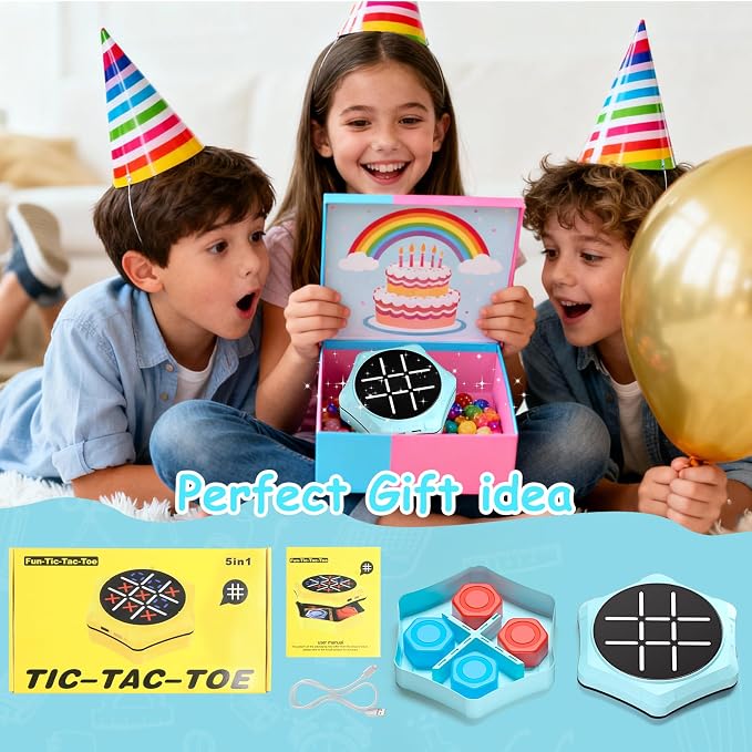 Electronic Tic Tac Toe Game, 5-in-1 Electric Tic Tac Toe with Mute & Rechargeable - Handheld Travel Board Game for Kids Ages 4+, Adults, Family - Educational Learning Toy for Boys Girls