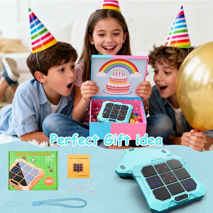 Tic Tac Toe Game, 6-in-1 Electronic Tic Tac Toe with Mute & Rechargeable - Handheld Travel Board Game for Kids Ages 4+, Adults, Family - Educational Learning Toy for Boys Girls,Blue