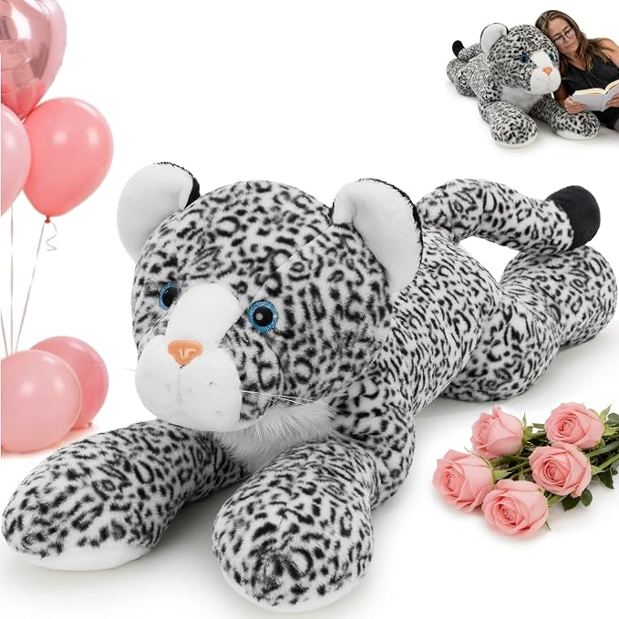MorisMos Giant Snow Leopard Stuffed Animal Plush Pillow 4ft, 47" Extra Large Stuffed Cheetah Pillow for Kids & Adults,Realistic Snow Leopard Plush for Christmas Birthday Gift Safari/Jungle Party Decor