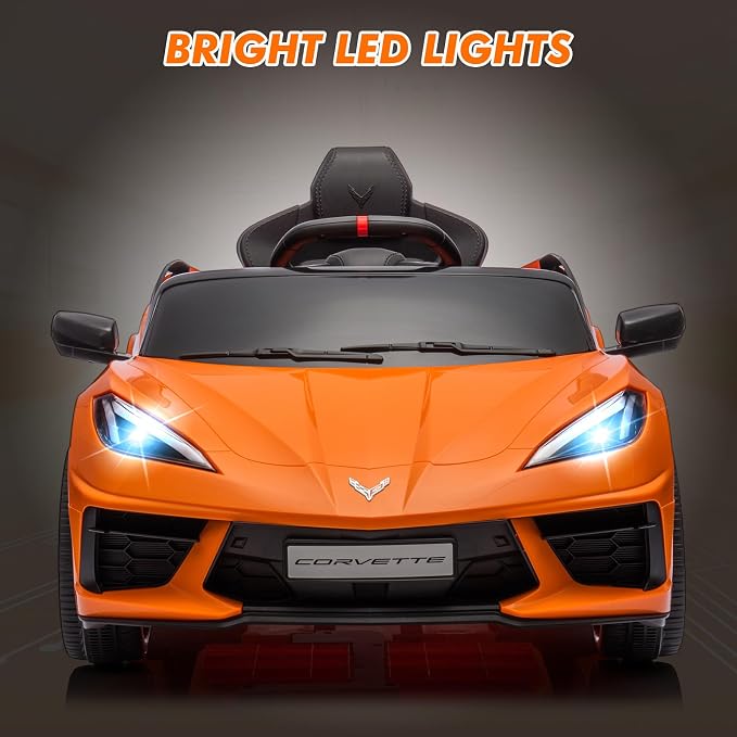 Garvee 12V Kids Ride on Car Licensed Corvette Toddlers Electric Sports Car Ride on Toy with Remote Control, Visual Dashboard, LED Lights, Music for Boys & Girls, Orange