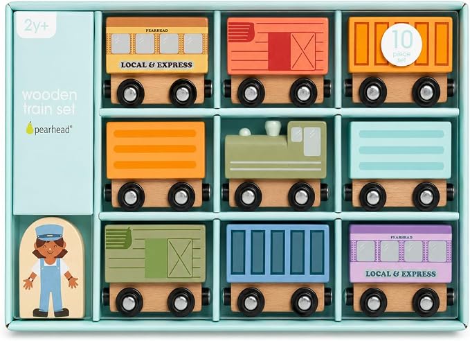 Pearhead Wooden Train Set for Toddlers – 10-Piece Magnetic Train Cars, FSC-Certified Wood, Montessori STEM Toy, Develops Fine Motor Skills, Compatible with Major Brands, Boys and Girls, Ages 2 3 4
