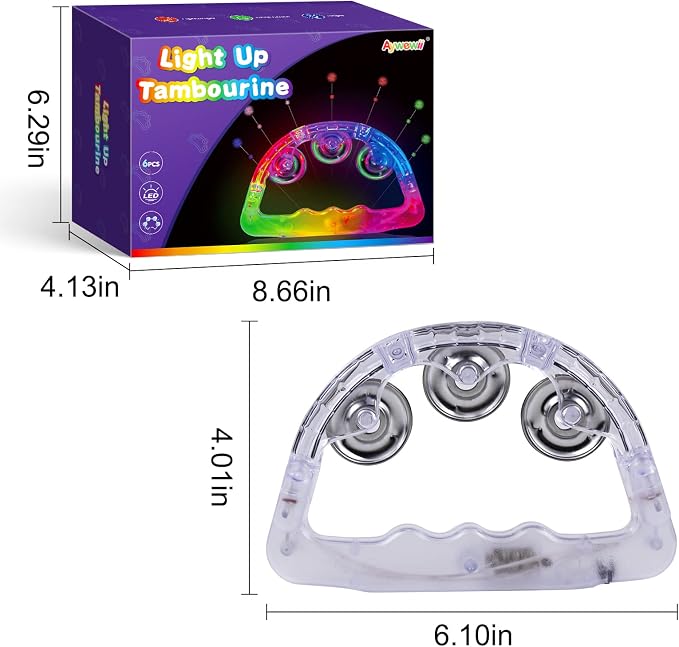 Aywewii LED Tambourines 6 Pack - Glow in The Dark Party Supplies, Light Up Toys Musical Instruments for Kids & Adults, Autism Sensory Toys, Birthday Gifts for Boys & Girls