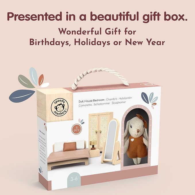 SPEEDY MONKEY Doll House Bedroom Playset β Wooden Playhouse with Bunny Character & Furnitures Set for Kids, Pretend Play Dollhouse and Imaginative Room DΓ©cor Storytelling for Toddlers & Preschoolers