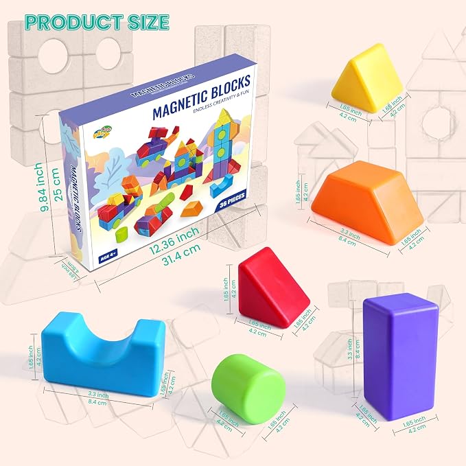 Magnetic Building Blocks, Multi 3D Shapes Set, 36 PCS for Kids Ages 4+ | 6 Colors, Large 1.65 Inch Magnetic Blocks, 6 Types of 3D Multi Shape Design