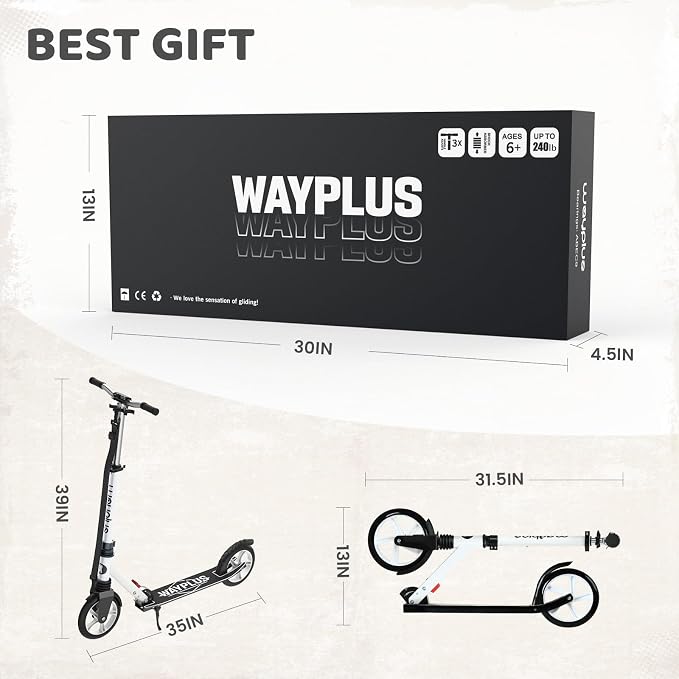 WAYPLUS KS1 Kick Scooter for Ages 6+,Kid, Teens & Adults. Max Load 240 LBS. Foldable, Lightweight, 8IN Big Wheels for Kids, Teen and Adults, 4 Adjustable Levels. Bearing ABEC9 FED Fitness