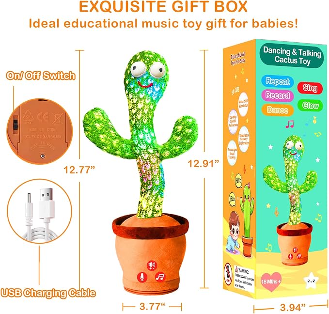 Rechargeable Dancing Talking Cactus Toy Mimics back, Singing Cactus Baby Toy, Educational Baby Toys 18 months+ w/ 51 English Songs, 1 Year Old Girl Gifts, Toys for Baby Boy, Toddler Infants