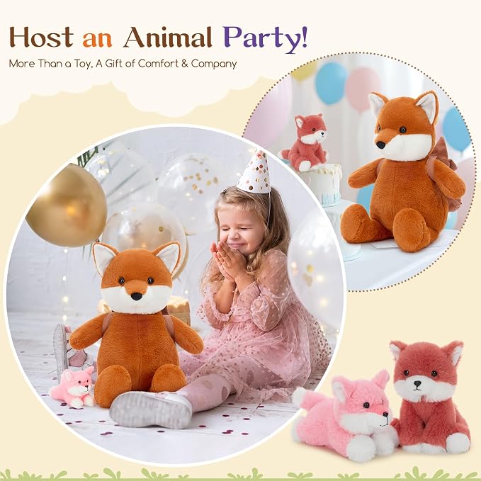 Muiteiur Fox Stuffed Animals Soft 4 Pcs – Soft Red Mommy Fox Plush Toy with 2 Cute Babies & Fox Backpack, for Kids 20inch
