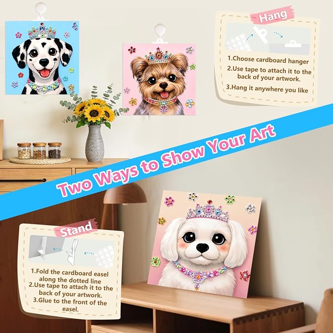 Marlrin Puppy Gem Crafts for Girls Ages 3-8, Dog Diamond Art Kit for Kids | 8 Pack Sticker Art, 1000+ Gems, Peel & Stick No Mess, Display Stand, Easy Crafts, Birthday & Christmas Gift for Girls