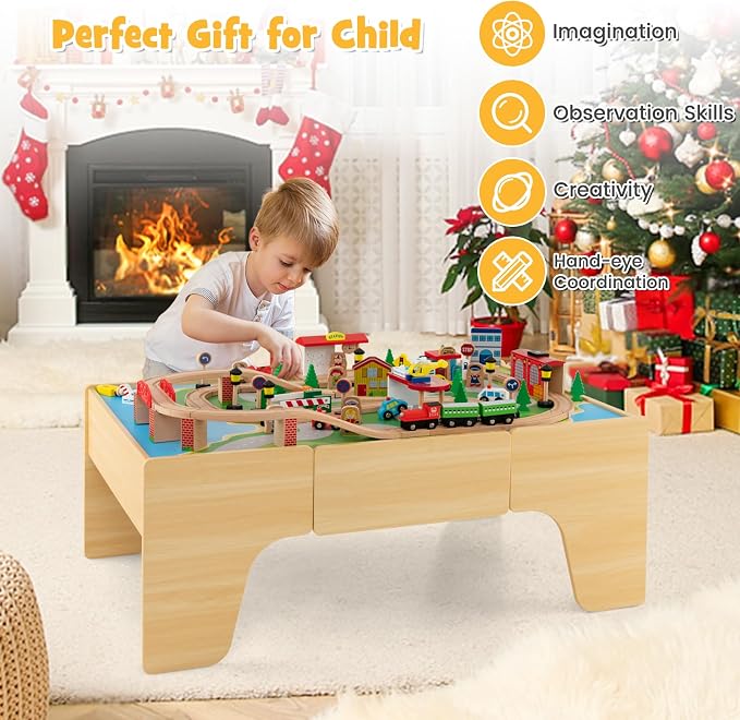 HONEY JOY Train Table, Wooden Kids Activity Table with Storage, 84 Multicolor Pieces, Tracks, Trains, Cars, Toddler Toy Train Table Set w/Reversible Tabletop, for Boy Girl Ages 18 Months+, Natural