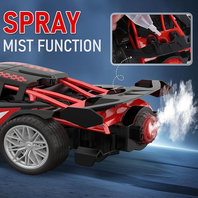 1/18 RC Car for Kids with Rechargeable Battery, LED Lights & Spray - Remote Control Car for Boys, Small RC Drift Cars for Ages 4-7 8-12(Black & Red)