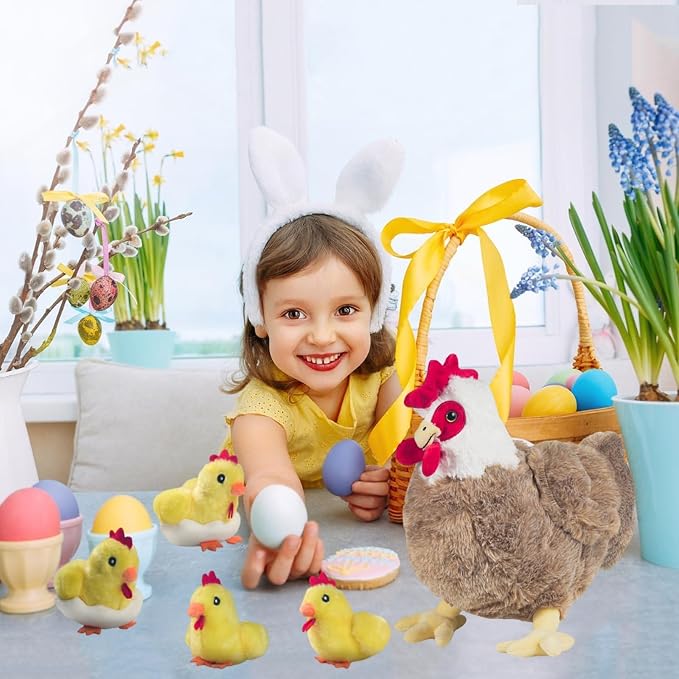 9 in 1 Chicken Stuffed Animal, Stuffed Chicken Toys for Kids Zippered Egg Laying Hen Chicken Plush with Baby Chicks, Eggs and Coop for Christmas Birthday Gifts Farm Party Decors