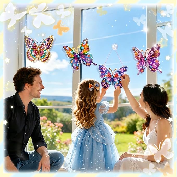 LCOZX 4 Pack Butterfly Diamond Art Window & Wall Art Kit, DIY Gem Art Suncatcher Crafts for Kids Ages 6-12, Birthday Gifts for Girls, Bedroom, Cabinet & Glass Decor