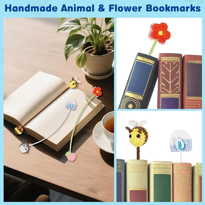 WaldyWop Crochet Kit for Beginners: 3 Animal & Flower Bookmarks Knitting Kits for Starter w/Easy Yarn, Crochet Hook&Easy Video Tutorials-Wobbles Crochet Animal Kit for Adults, Birthday Gifts for Women