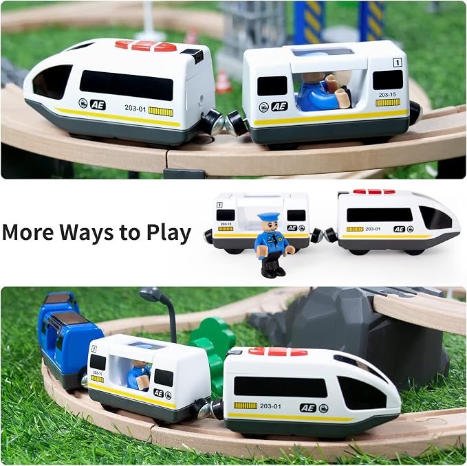 WOOD CITY Battery Operated Train for Wooden Track, Electric Locomotive Train Set with Powerful Engine Compatible with Thomas, Brio, Chuggington, Bullet Car Toys for Toddlers 3 4 5 Year Olds