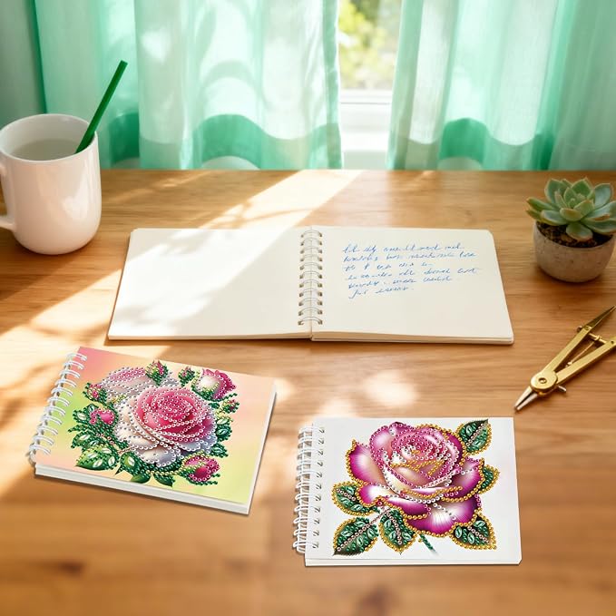 2 Pcs Rose Flower Diamond Painting 80 Pages Notebook for Adults,Flower Diamond Art Journal and DIY Sketchbook, Diamonds Art Kit Supplies,Gift for Beginners, Craft Lovers, Artists. (Rose)