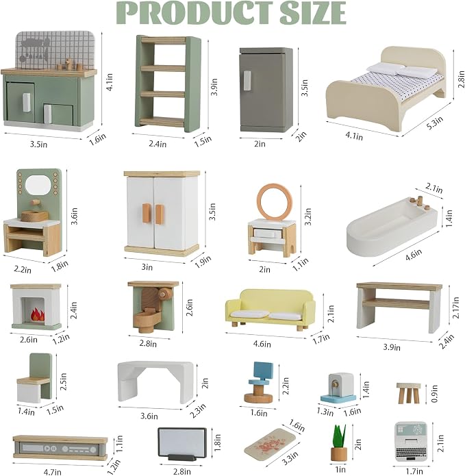 23PCS Wooden Dollhouse Furniture Set for 5 Rooms, Miniature Doll House Accessories & Furniture Toys for Toddlers, Indoor Scenes Pretend Play Toy for Kids 3+
