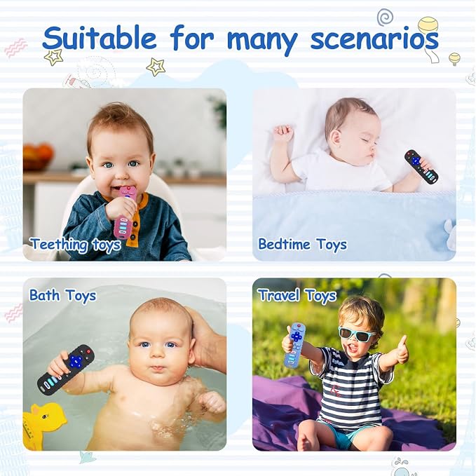 3 Pack Remote Control Shape Silicone Teethers for Babies Chew Toys, Teething Toys for Infant Toddlers,Baby Remote Control Toy (Black&Blue&Pink)