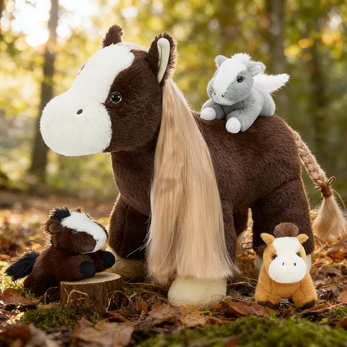 Tezituor 4Pcs Horse Stuffed Animal with Long Hair, 18 Inch Large Mommy Horse with 3 Baby Ponies Plush Set, Realistic Farm Pony Body Pillow Gift for Girls Boys