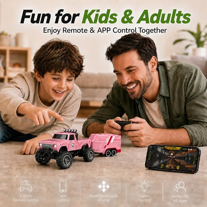 1:64 Scale Mini Remote Control Monster Truck with Trailer | 2.4GHz & App Dual Control, Alloy Mini RC Car with LED Lights, Portable Pocket Toy Car for Kids & Adults, Gift for Boys (Pink)