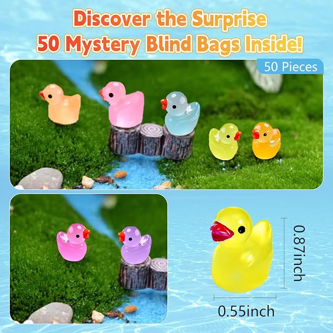 50 Pcs Glow in the Dark Mini Resin Ducks Blind Bag Set ā Small Luminous Duck Figurines for Fairy Garden, Dollhouse, Craft Decoration, Party Favors and Collectible Toys