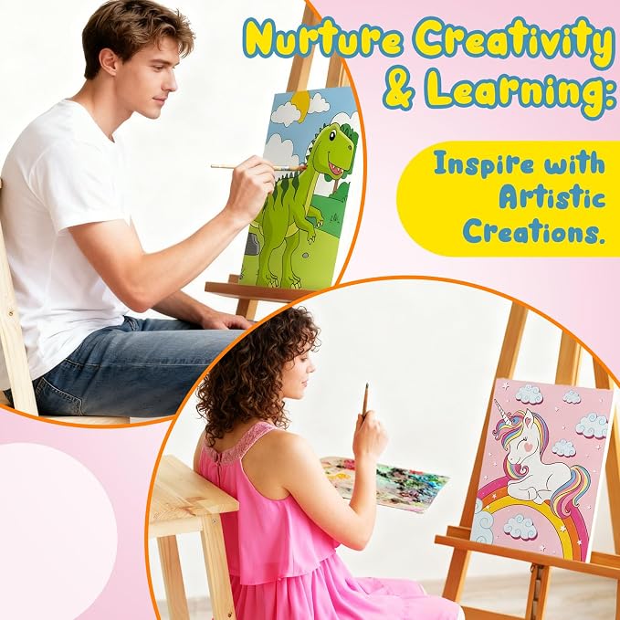 Ireer 84 Pcs 12 Sets Paint Party Kits Animal Pre Drawn Canvas, Wooden Easel, Paintbrushes, Palette, Acrylic Paints and Aprons, Pre Drawn Canvas to Paint for DIY Birthday Party Gift(5 x 7 Inches)