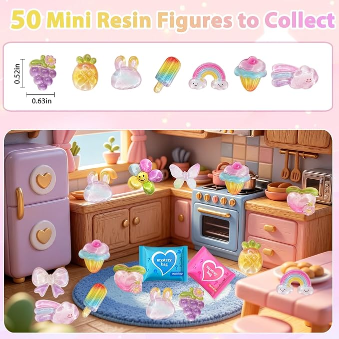 50PCS Rainbow Mystery Blind Bag Mini Toy Set, Colorful Mini Resin Charms Bulk, Cute Surprise Toys, DIY Slime Accessories, Mini Figures for Crafts, Dollhouse Decoration, Party Favor Gift for Kids
