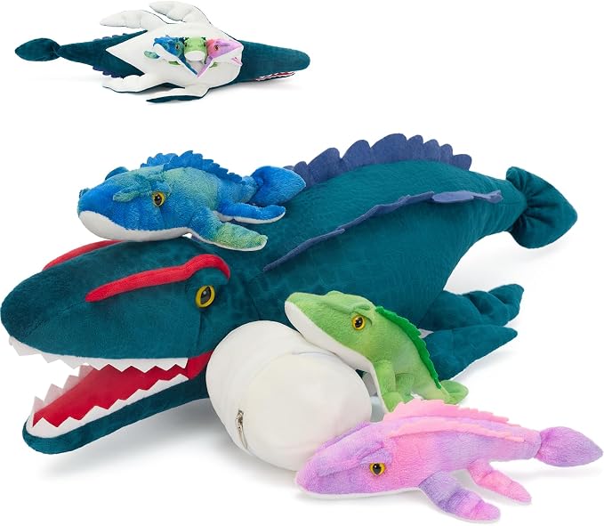 Blue Dinosaur Stuffed Animal,Giant Dinosaur Plush Toy,Mommy Mosasaur with Babies & Egg, Soft Mosasaurus Plushie,Realistic Dino Stuffy,Gifts for Kids Boys Girls Easter Christmas Birthday