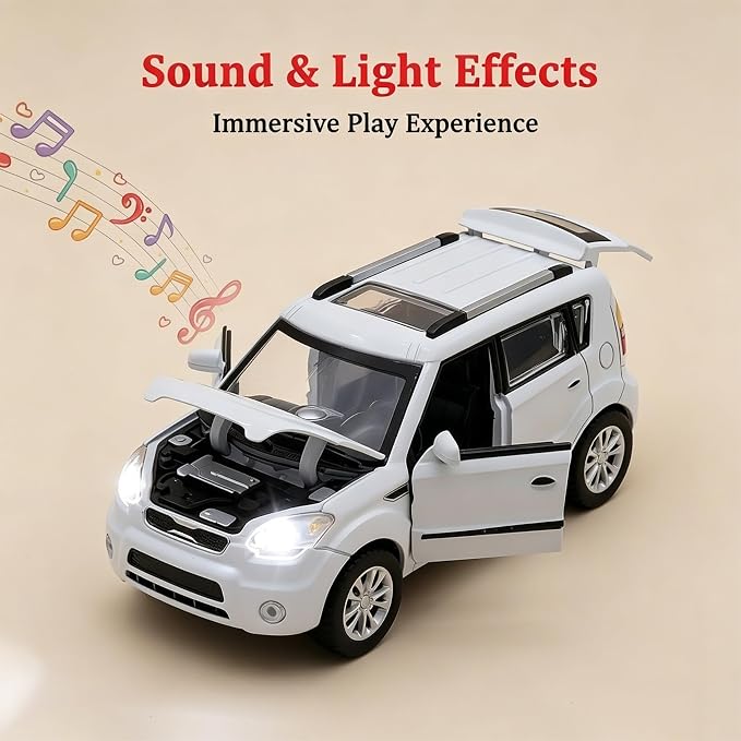 Toy Cars Diecast Car Models Soul Hatchback Model Cars,Pull Back Cars,Boxy Car Toy with Sound and Light for 3+ Year Old Boys(White)