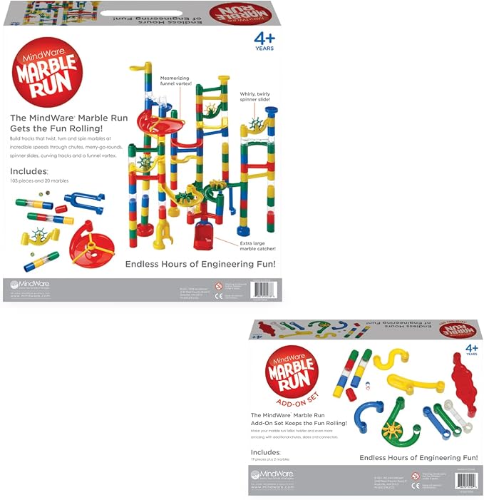 MindWare Marble Run and Add-on Set - 120+ Piece Building Set for Kids Plus Over 20 Marbles