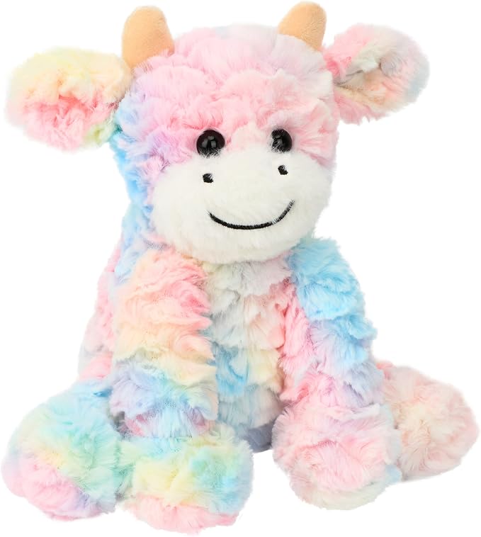 Hopearl Adorable Plush Cow Toy Colorful Floppy Dairy Cattle Soft Stuffed Animal Cute Birthday Holiday Gift for Boys Girls Kids Toddlers, Rainbow, 9''