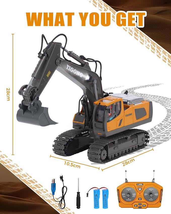 HuiJuKeJi 11-Channel Remote Control Excavator Toy, Rechargeable 2.4 GHz RC Construction Vehicle for Kids, 680° Rotation | Metal Shovel | Lights & Sounds, for Boys Ages 6-12
